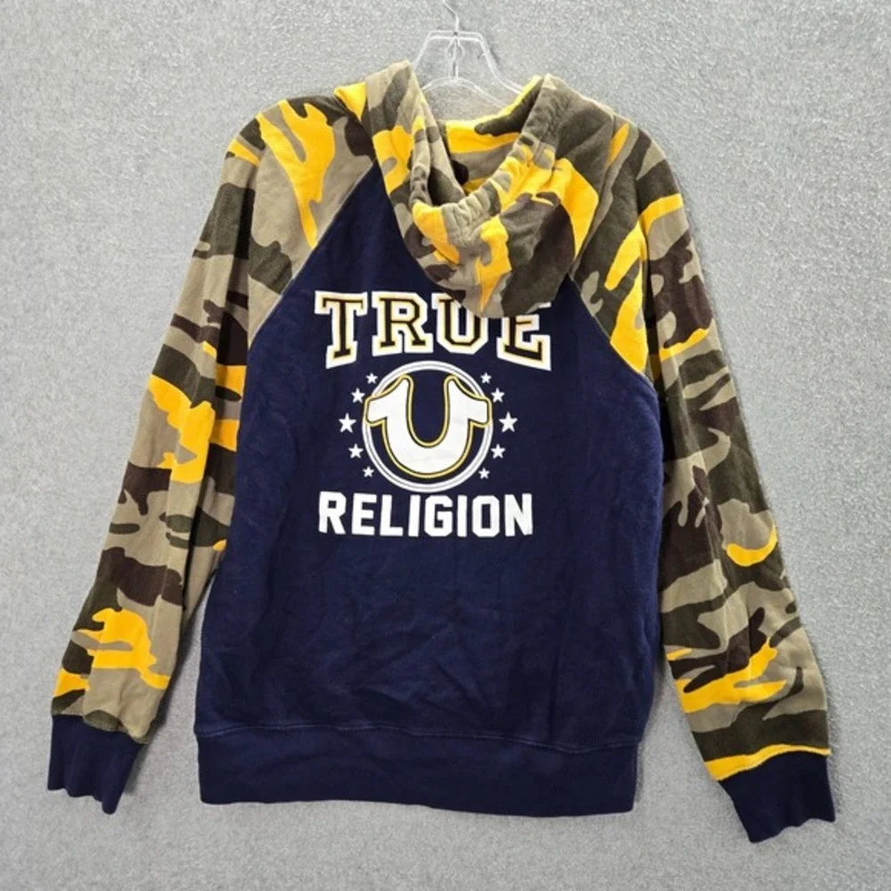 True Religion Men Sweatshirt Medium Blue Camo Terry‎ Hoodie Logo Pockets